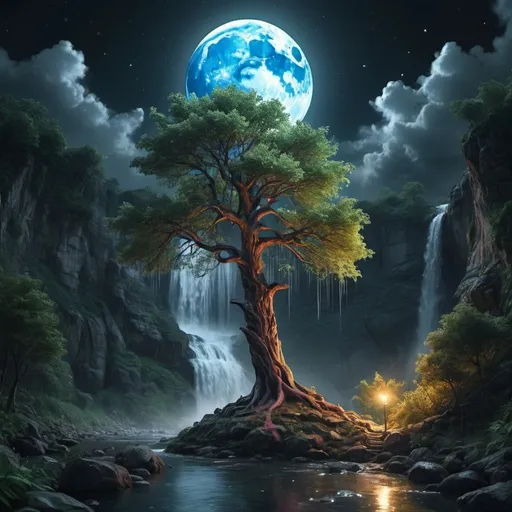 Prompt: tree, in the dark of night, river, waterfall ,clouds, moon, star, colorful, detailed, 4k masterpiece, professional photography, isometric, vibrant, ultra realistic details , Mysterious, Mysterious, ultra hd, realistic, vivid colors, highly detailed, UHD drawing, pen and ink, perfect composition, beautiful detailed intricate insanely detailed octane render trending on artstation, 8k artistic photography, photorealistic concept art, soft natural volumetric cinematic perfect light