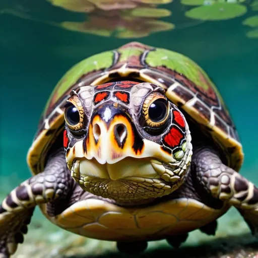 Prompt: THE CUTEST SWEETEST MOST INNOCENT LOOKING TURTLE HIPPIE TRIPPY COLORFUL BIG BEAUTIFUL EYES BUTTERFLIES PEACE DETAILED LOOKING DOWN AT HIS REFLECTION IN WATER AND LOOKING SURPRISED 