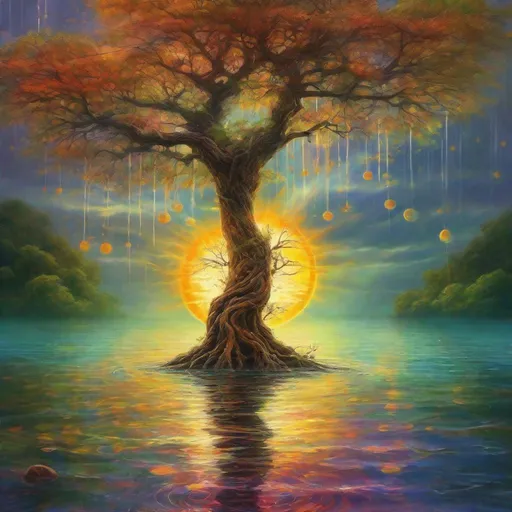 Prompt: A tree stands in the middle of the water, one sun hangs on the top of the tree, and nine suns are under the branches, taking turns taking showers, Fantastic, colourful, beautiful, Fantastic, realist style, artistic, and colorful, it is a masterpiece, high-definition, and of high quality