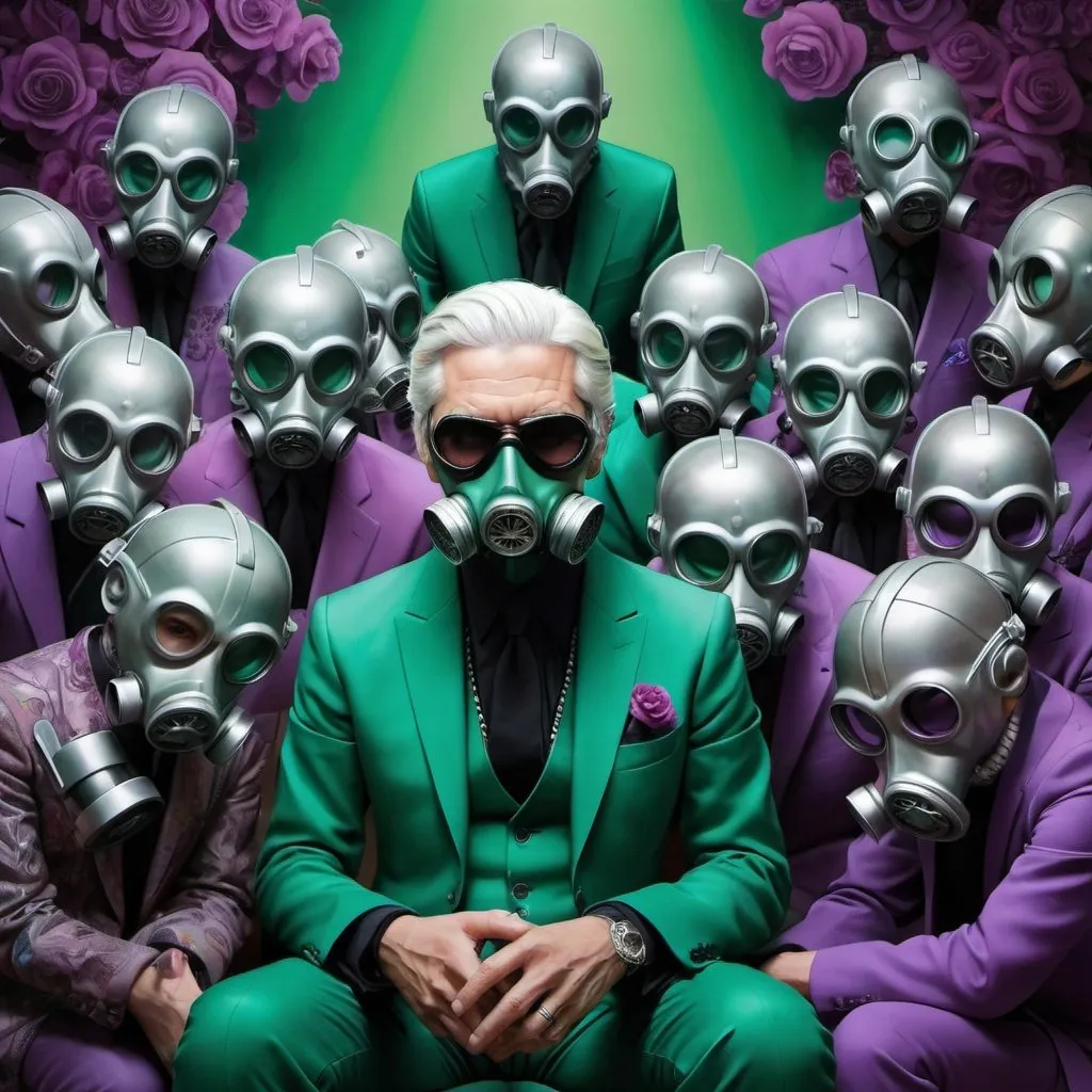 Prompt: Many samurai sit with gas mask admiring Karl Lagerfeld in their green and purple suits with gas masks on their faces, with ethereal lighting and a dreamlike feel, inspired by the works of salvador dali and rene magritte, the rose should have intricate details and subtle reflections on its surface, while the background is blurred and surreal, creating a mystical atmosphere, it should be a digital illustration created by artists like android jones, audrey kawasaki, or nychos, and trending on artstation or deviantart.