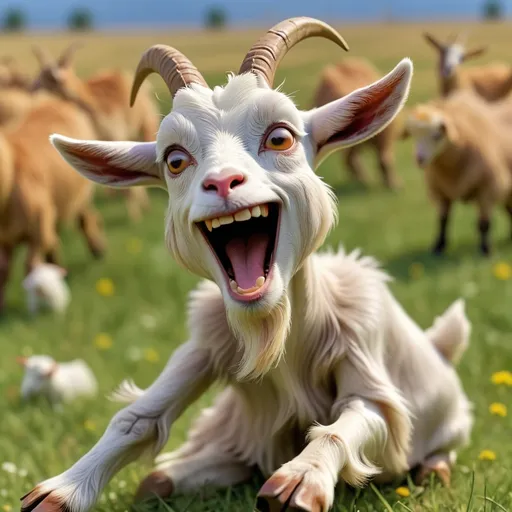 Prompt: On the surface a happy goat sitting in a field dancing playfully around but with mad and manic. A background of sadness and melancholy with other goats looking concerned. 