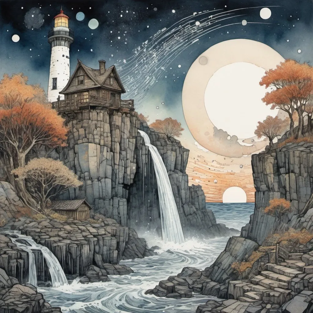 Prompt: Pen and ink illustration of an extremely tall waterfall cascading beside a cobblestone shack, foreground features a tall lighthouse boasting intricate detailing, converging with a celestial creature that embodies an intermingling of Van Gogh's impressionist strokes, Arthur Rackham's detailed line work, suffused with Paul Klee's abstract color palette, set against a cosmic backdrop peppered with Steadman-esque ink blotches, includes biomorphic shapes forming constellations shimmering with a starry, Watercolor, trending on artstation, sharp focus, studio photo, intricate details, highly detailed, by greg rutkowski