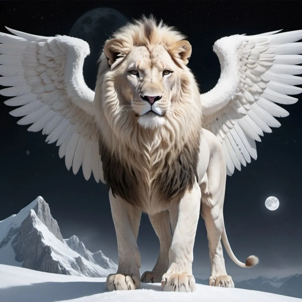 Prompt: Amazing raw realistic skewsymmetric close-up photo of a winged white lion as a strikingly mystical creature, behind of his white standing goddess, looking at the camera, at snow moon light, reminiscent of a large, magical female monster, takes center stage in this future punk artwork. The image, a carefully captured photograph, showcases an awe-inspiring big white creature with an ethereal aura, emanating an air of enigmatic beauty.