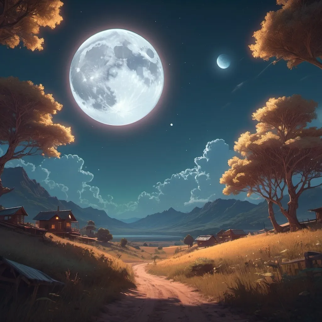 Prompt: a full moon glowing against a dreamy sky, detailed and intricate environment showcasing a fusion of styles reminiscent of Greg Rutkowski, Loish, Rhads, Beeple, Makoto Shinkai, Lois van Baarle, Ilya Kuvshinov, Rossdraws, Tom Bagshaw, and Alphonse Mucha, illuminated with global illumination techniques, Unreal Engine, volumetric