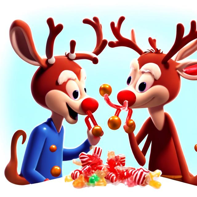 Prompt: Rudolph the Red-Nosed Reindeer eating candy together
  digital illustration