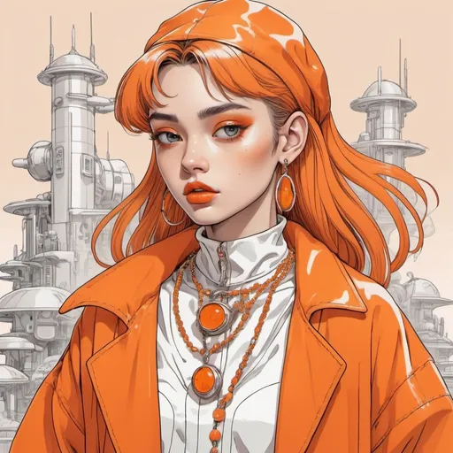 Prompt: girl in Eco Friendly haute couture outfit in the style of 90's vintage anime, surrealism, akira style. detailed line art. fine details. fine jewelry. Eco Friendly. orange vibe.