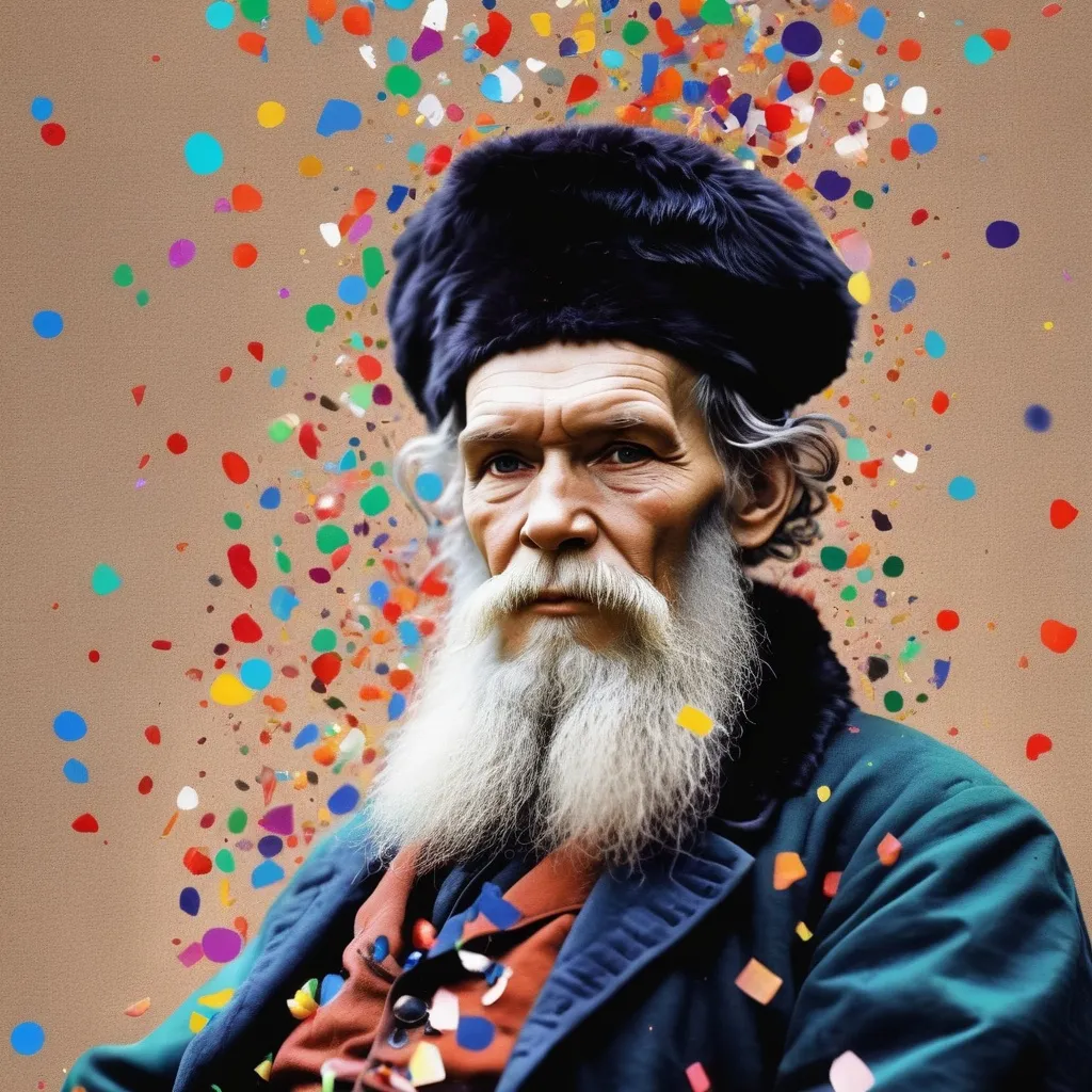 Prompt: lev tolstoy in colorful paints and confetti