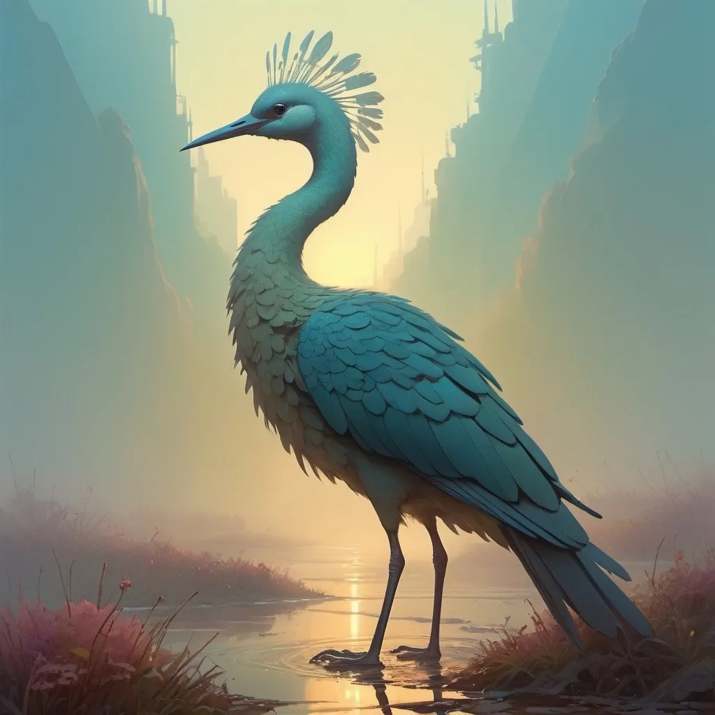 Prompt:  Long-necked bird, crowned with symmetrically patterned feathers, quaint beak, downy leg-feathers, ensconced in voluminous fog, volumetric lighting highlights, illusion engine, artistic style echoes Greg Rutkowski, Loish, Rhads, Beeple, Makoto Shinkai, global illumination, intricately detailed environment, reminiscent of Alphonse Mucha, Ilya Kuv