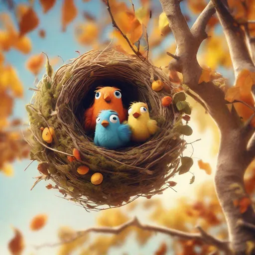 Prompt: Create a photo-realistic photography image of a cute and happy pixar style bird couple in they're nest high in a tree. It's autumn and they are preparing their cosy nest. It's a bright and sunny autumn day. Product photography, whimsical and playful, sunny environment, A medium shot natural light, ultra realistic