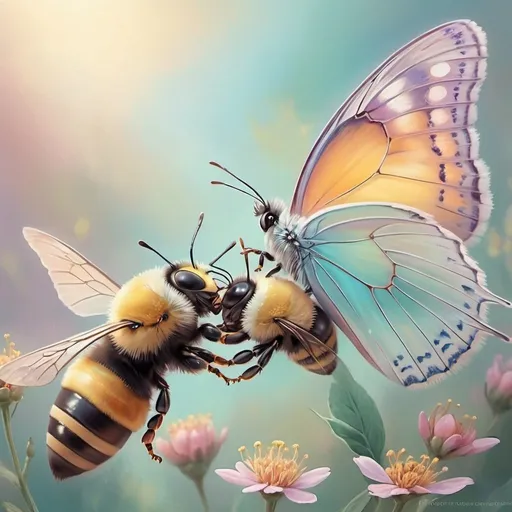 Prompt: Butterfly and Bee hugging, digital painting, delicate and vibrant, soft pastel tones, ethereal lighting, intricate wing details, heartwarming embrace, whimsical, high quality, soft pastels, digital painting, delicate details, vibrant colors, ethereal lighting, heartwarming embrace, whimsical atmosphere, intricate wings