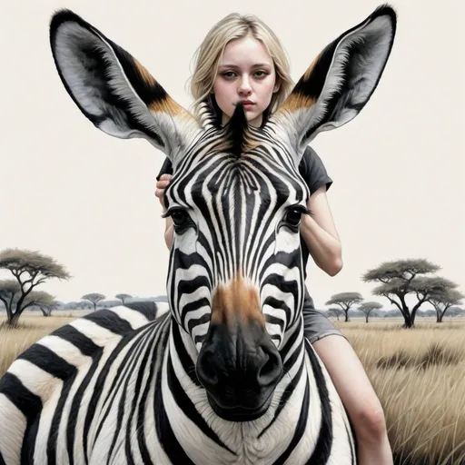 Prompt: blonde girl riding a zebra on the savannah, 
  watercolor drawing, full-length,photorealism,gloomy,digital-art,pixel elaboration,high detail,lots of details,dynamic, ,intrinsic details,bohemian,aesthetic,lineout,surrealism,realistic,high quality, artwork,hyperdetalization,professional,filigree,haze,overdetalization,hyperrealism, general plan, big ears, wool detailed drawing of fur, gothic, noir