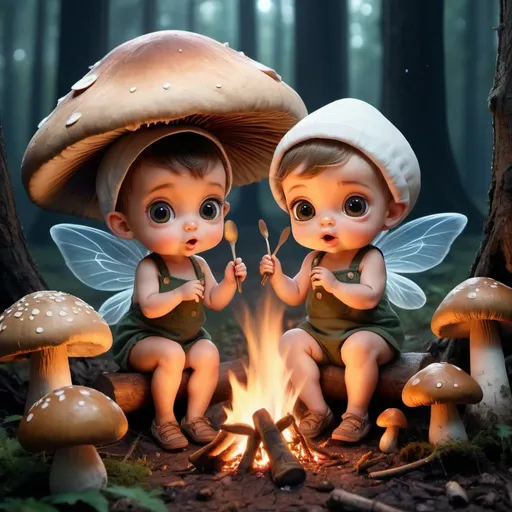 Prompt: Close-up two Cute, adorable tiny baby fairies cooking on a campfire   under one giant mushrooms.  . Night time. Big Big eyes, maximum cuteness. Mabel Lucie Atwell. Epic cinematic brilliant stunning intricate meticulously detailed dramatic very  dark forest background, atmospheric maximalist