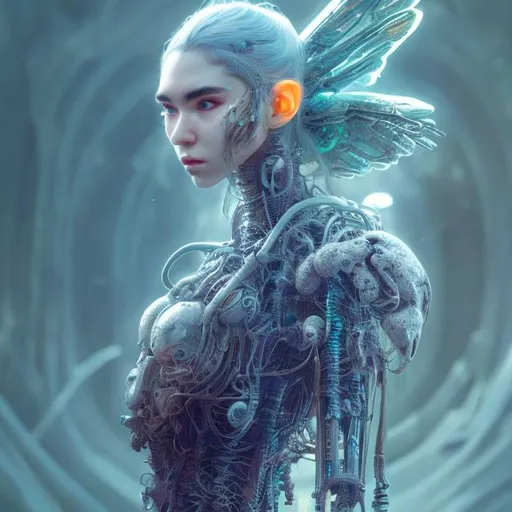 Prompt: full view, full body view, ethereal techno fantasy inspired by grimes, smooth soft skin, detailed eyes, techno clothing, fantasy clothing, ethereal, futurism, perfect composition, detailed face, intricate, mechanical wings, detailed gown, realistic concept art, digital, rich 3d render, hyper-realistic, cinema 4D render, unreal engine 5,  perfect anatomy, 
art station, sharp focus, 8k, sf, intricate artwork masterpiece, ominous, intricate, epic, highly detailed, vibrant, production cinematic character render, ultra high quality model, sf, sf, intricate artwork masterpiece, golden ratio