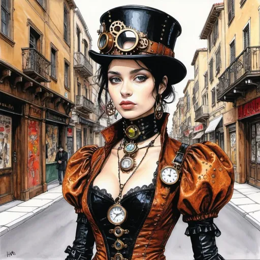 Prompt: Italian female model steampunk prince jewel art, in the street, by E.H. Shepard, Marker drawing,john miro art by yayoi kusama art