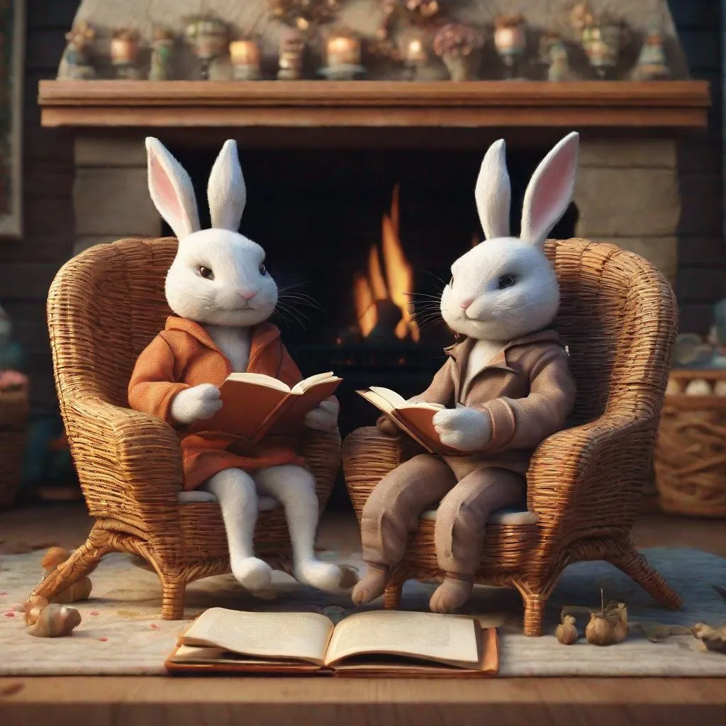 two cute anthropomorphic rabbits sitting in wicker c