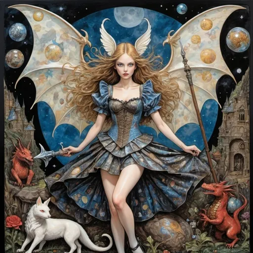 Prompt: Supermodel alice in wonderland, decoupage, intertwined with encaustic painting, impasto, ethereal foggy, craquelure, egg tempera effect, plethora of pokemons lanquerware with mother of pearl inlay, vampiress godess, spread dark dragon wings, in the asterism sky, medieval armor with geoglyph engraves, in action, with a heliocentric kinetic glowing spear, comics cover by barry windsor-smith, faerietale couture, dark fantasy