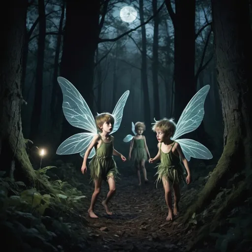 Prompt: many fairies weird creepy looking, in a dark night forest pursuing 2 boys