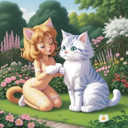 Prompt: cartoon in love  fluffy cat in a garden