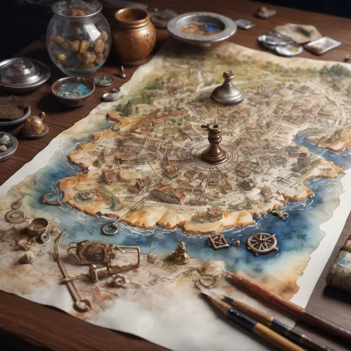 Prompt: A mysterious treasure map, 4k hyper realism, Watercolor, trending on artstation, sharp focus, studio photo, intricate details, highly detailed, by greg rutkowski, Watercolor, trending on artstation, sharp focus, studio photo, intricate details, highly detailed, by greg rutkowski