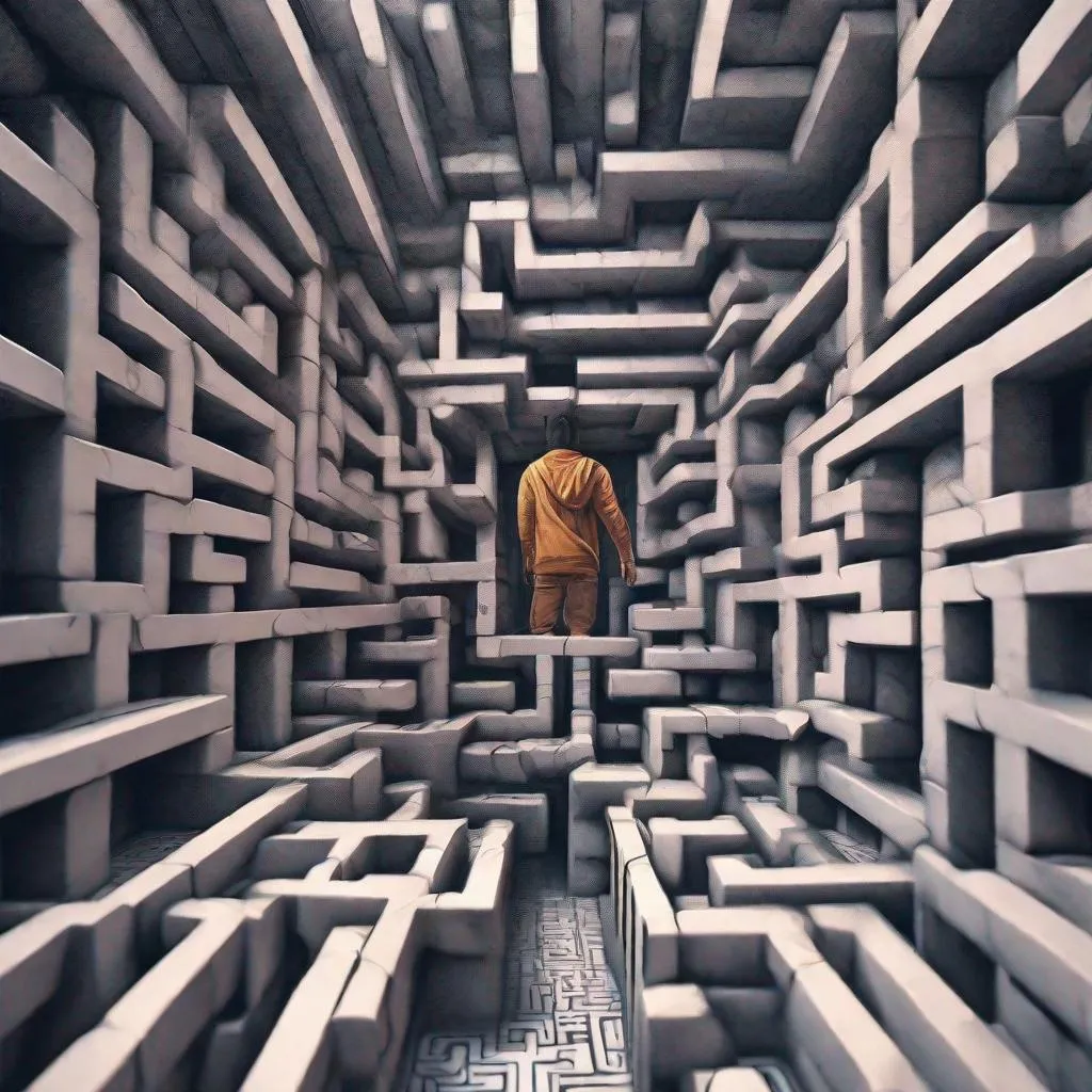 Prompt: A man trapped inside a maze trying to find a way out ,ultra realistic,ultra detailed, ultra rare drawing ,32k, ultra hd, realistic, vivid colors, highly detailed, UHD drawing, pen and ink, perfect composition, beautiful detailed intricate insanely detailed octane render trending on artstation, 8k artistic photography, photorealistic concept art, soft natural volumetric cinematic perfect light