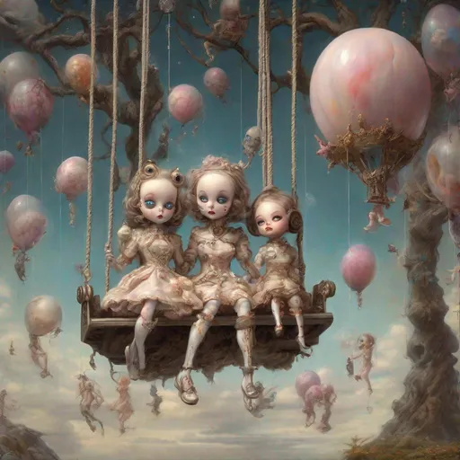 Prompt: dolls on a swing, fantasy surrealism melting clocks, Salvador Dalí and balloons dolls demons, My nightmares, hyper detailed, mark ryden, greg rutkowski, trending on artstation, ethereal, galactic, radiant, akihito yoshida, karol bak, mark brooks, eat brain cyborg on starship with alien and hyper detailed art fantasy art greg rutkowski artstation" hyperrealism, bob byerley""", global illumination, detailed, outer space, vanishing point, super highway, high speed, digital render, digital painting, beeple, noah bradley, cyril roland, ross tran, trending on artstation, ultra hd, realistic, vivid colors, highly detailed, UHD drawing, pen and ink, perfect composition, beautiful detailed intricate insanely detailed octane render trending on artstation, 8k artistic photography, photorealistic concept art, soft natural volumetric cinematic perfect light, trending on artstation, sharp focus, studio photo, intricate details, highly detailed, by greg rutkowski