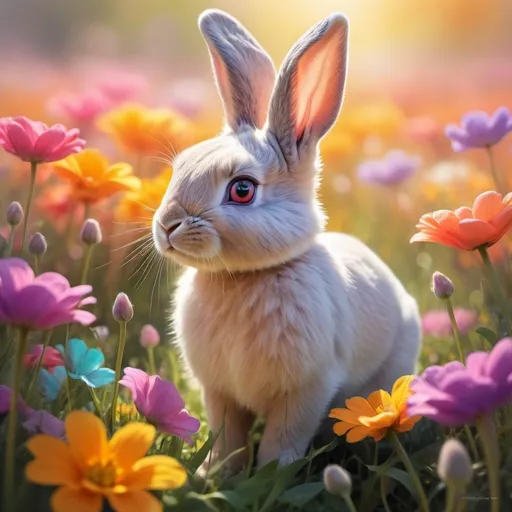 Prompt: Vibrant flower field, myriad hues, interspersed with diminutive bunnies, tan fur, pronounced ears, minuscule paws, oversized, luminous eyes, caught mid-hop, delicate interplay of shadows and sunbeams filtering through petals, bokeh effect, digital painting, ultra fine, vivid colors.