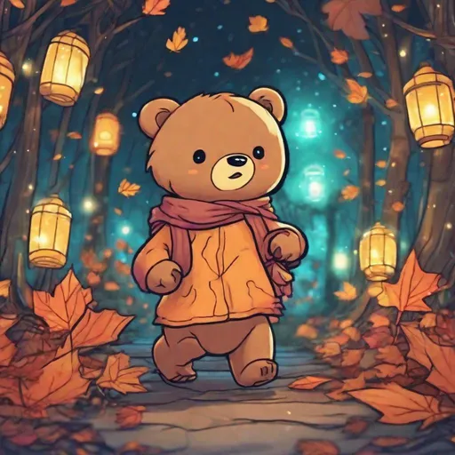 Prompt: Top quality, kawaii style,  cute little bear walking, masterpiece, leaves falling, drawing, bioluminescent outline , colorful , Lantern, Mysterious