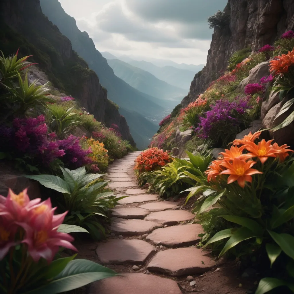 Prompt: Exotic adventurous view of a pathway up a mountain, surrounded by exotic flowers and plants, colorful landscape, film photography, portrait shot, intricate details of the flowers and road path, shallow depth of field, selective focus, sense of depth, dimensionality, dramatic chiaroscuro lighting, rich deep colors, dramatic texture, atmospheric effects, ethereal, intrigue, epic detail, mystical, professional color grading, soft shadows, clean sharp focus, 8k