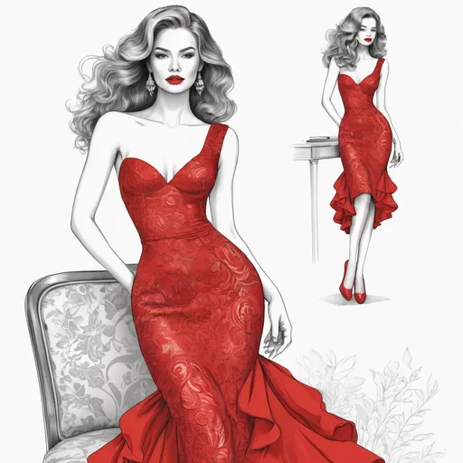 Prompt: FashionShow - ColoringBook style. Award winning fashion illustration of a stunning woman in a red dress. The dress is a bold and vibrant shade of red, capturing the attention of everyone in the room. The woman is depicted with a graceful and elegant style, exuding confidence and sophistication. Her hair is styled in loose curls that frame her face, with a touch of red lipstick that matches her dress perfectly. The illustration shows the woman in a full - body - angle, highlighting the intricate details of the dress and her confident posture. 