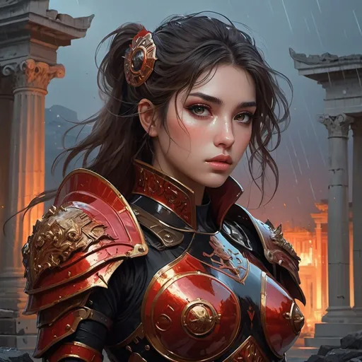 Prompt: portrait knights of Zodiac girl+smoky eyes, black fire red color reflected armor, in ruined Agora of Athens rainy night, ssci-fi and fantasy, intricate and very very beautiful and elegant, highly detailed, digital painting, artstation, concept art, smooth and sharp focus, illustration, art by tian zi and WLOP and alphonse mucha