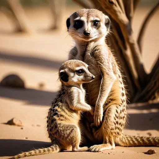 Prompt: Meerkat mother snuggling her hypnotic-eyed baby, both embarking on a typical day in the scorching African desert, newborn cradled in warm and protected paws, tiny fur spikes just beginning to poke through, sunlight reflects off their creamy coat, casting ethnic patterns of splotches on the sand, backdrop of towering Kalahari acacia trees, landscape, natural light