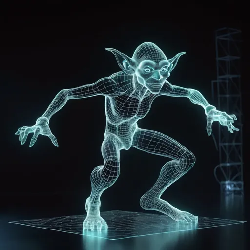 Prompt: 3D transparent holographic projection of a (holographic glowing wireframe goblin character:1.3), transparent, translucent, glowing, holographic, ghost, pellucid floating above a stage, transparent