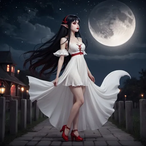 Prompt: vampire, elf, 1 girl, long black hair, long white dress, red wings, red shoes, night, stars, moon