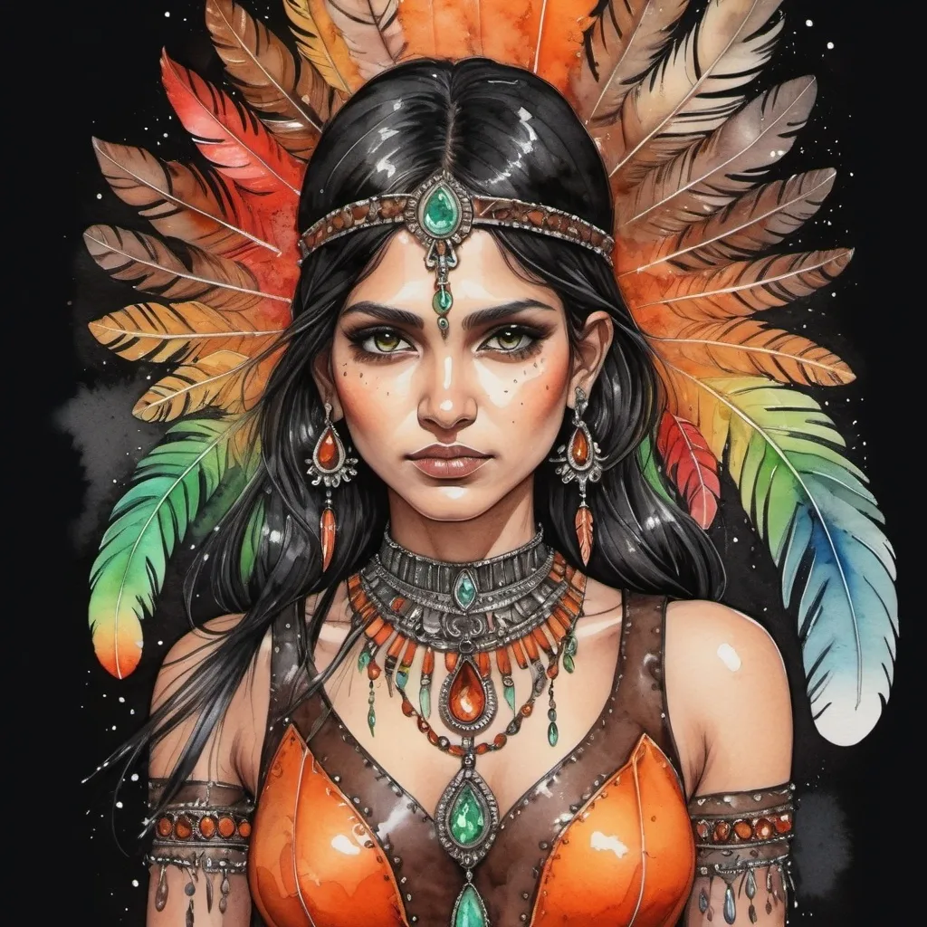 Prompt: indian girl in a leather orange and brown dress, in black smooth hair a bright feather, holding a druse with red crystals in her hands + Watercolor, colored ink, fine detailed drawing, many small details, fantasy, mysticism, black background backlight green electric and rainbow shimmer + coherent complex composition, layering