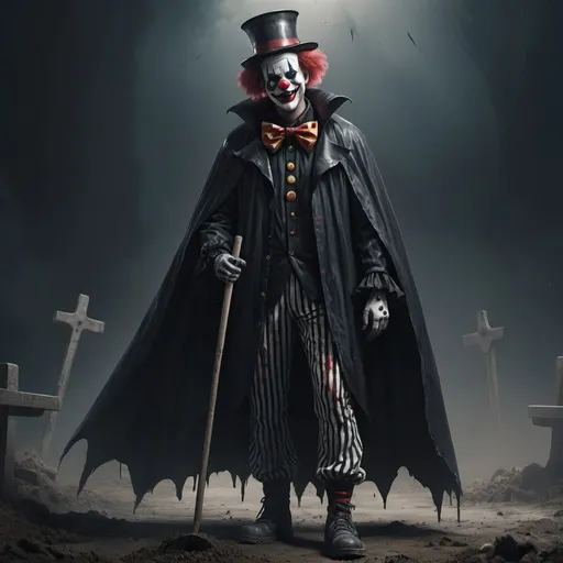 Prompt: Gravedigger Clown wearing a black cape and a hat with clown makeup on his face full body concept art cinematic ultra realistic