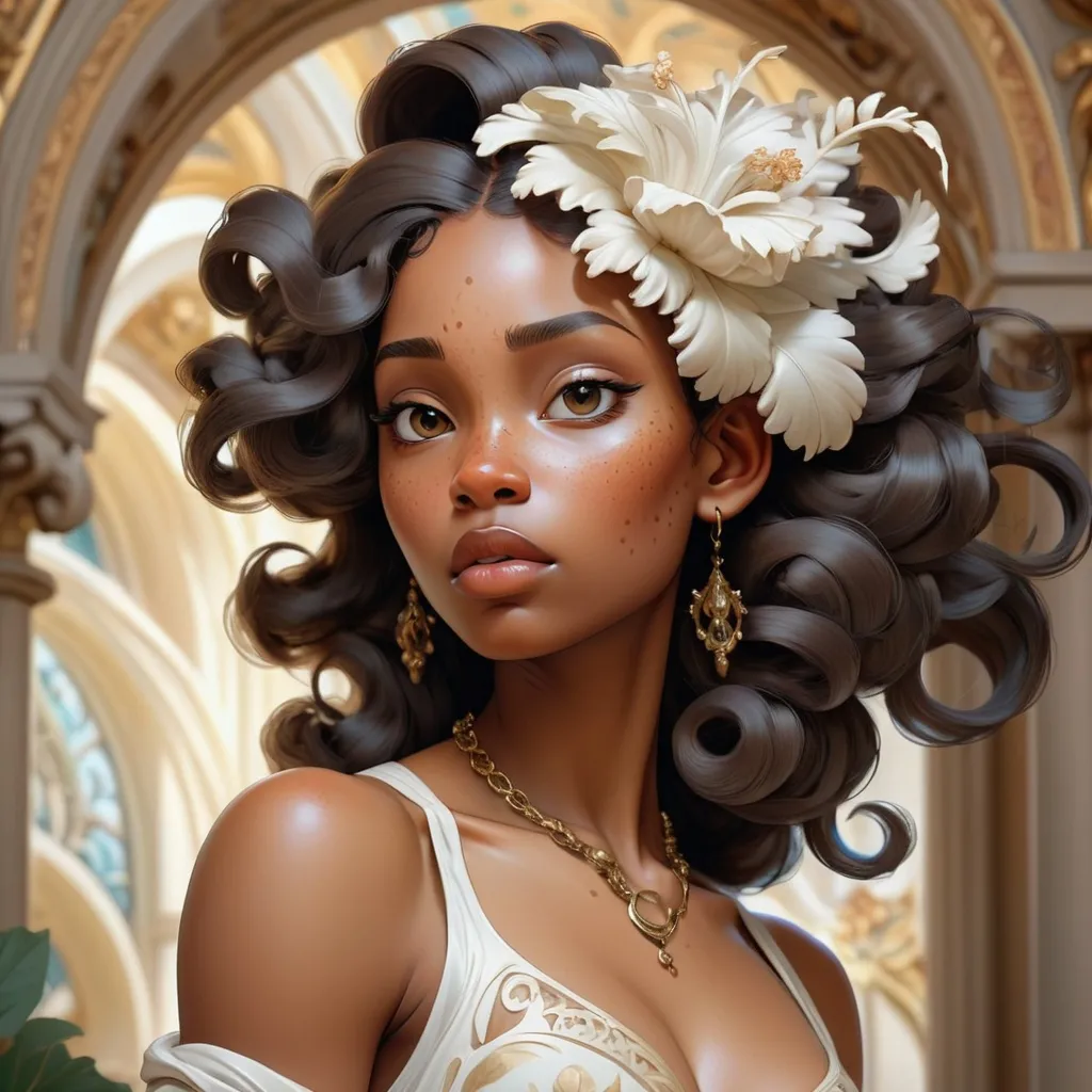 Prompt: Breathtaking baroque young black woman and freckles, intricate white tattoos beauty, full head, acanthus scroll, Painted by artgerm, Alphonse Mucha, Akihiko yoshida, sakimichan, krenz cushart, low angle shot, digital painting