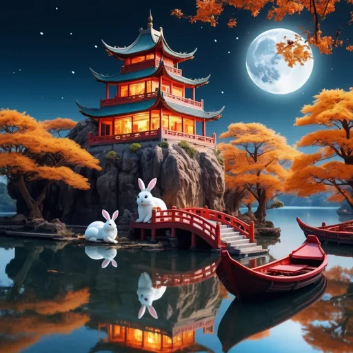 Prompt: Super-clear space, mid-autumn festival, a beautiful rabbit god leaning on a huge moon cake? ?, Chinese fairy palace, huge bright amber moon background, Beautiful ancient trees, lakes, boats, landscapes, colorful, shiny, Crystal clear, dream, mystery, science fiction, surreal, Ultra-clear pictures, HD pixels, Ultra HD, 5D, 8K resolution, pixel perfect, perfect ultra-fine detail, Mysterious
