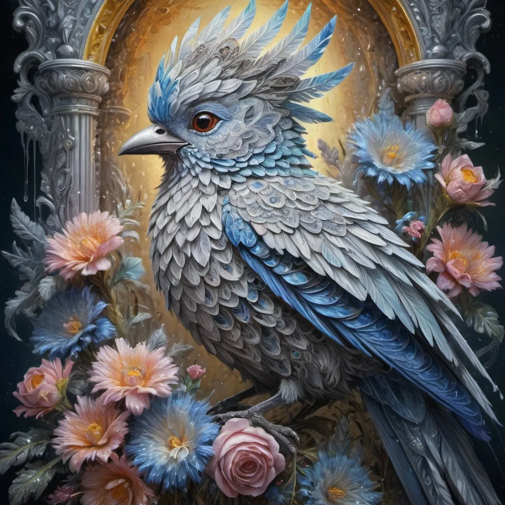 Prompt:  olpntng style, Oil painting. 3d, hyperdetailed and intricated fantasy bird, hoarfrost plumage, hyperdetailed surreal background with flowers, digital art, concept art, surrealistic, oil painting, watercolor, octane render, hyperdetailed, magic, fantasy, fairy. Josephine Wall, Adrian Chesterman, artstation, 4k, symmetrical, soft lighting, trending on artstation, intricate details, highly detailed, pencil drawing, sketching, unreal engine, oil painting, heavy strokes, paint dripping, oil painting, heavy strokes, paint dripping, oil painting, heavy strokes, paint dripping, oil painting, heavy strokes, paint dripping, extra depth, oil painting, heavy strokes, paint dripping
