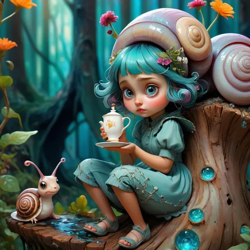 Prompt: by Alejandro Burdisio By Yossi Kotler digital painting 

brush art, 

a close up of a girl in a snail costume sitting on a stump and drinking tea, the detailed cute with big eyes and his fairytale surreal nest by Crayola, 

magic forest, 

flowers, 

berries, 

by Andy Kehoe, 

John Blanche, 

complex highly detailed background fantasy, 

best quality, 

triadic colors, 

cinematic, 

official art, 

child book illustration, 

whimsical, 

filigree, 

filigree detailed, 

intricate, 

cute, 

swirling colors, 

starry sky by Van Gogh, 

swirling colors, 

Deep Teal, 

Sea Caller, 

Waterway, 

Ice Effect and Chic Brick, 

Broken Glass effect, 

no background, 

stunning, 

something that even doesn't exist, 

mythical being, 

energy, 

molecular, 

textures, 

iridescent and luminescent scales, 

breathtaking beauty, 

pure perfection, 

divine presence, 

unforgettable, 

impressive, 

breathtaking beauty, 

Volumetric light, 

auras, 

rays, 

vivid colors reflects

