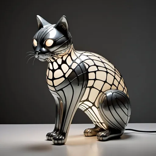 Prompt: sculptural table lamp in the shape of a cat designed by iris van herpen and m. c. escher, painted metal and glass, advertising photography