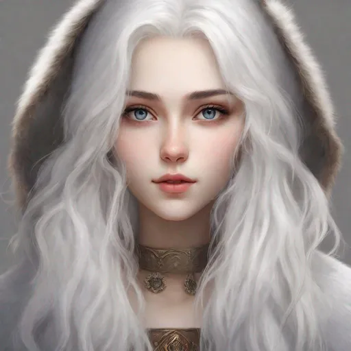 Prompt: beautiful 20 year old women with white hair, white eyebrows, light skin, realistic, ultrarealistic, high quality art, bright eyes, long hair, beauty, real, long hair, symmetrical, anime wide eyes, fair, delicate, medieval, wearing a big fur coat 