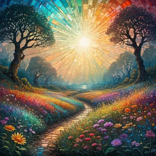 Prompt: Art by Monet. Field of flowers, beautiful magical view, colourful flowers, rays, auras, vivid colours, Craola , Dan Mumford, Andy Kehoe,  2d, flat, cute, adorable, vintage, art on a cracked paper, fairytale, patchwork, stained glass, storybook detailed illustration, cinematic, ultra highly detailed, tiny details, beautiful details, mystical, luminism, vibrant colors, complex background, Broken Glass effect, no background, stunning, something that even doesn't exist, mythical being, energy, molecular, textures, iridescent and luminescent scales, breathtaking beauty, pure perfection, divine presence, unforgettable, impressive, breathtaking beauty, Volumetric light, auras, rays, vivid colors reflects