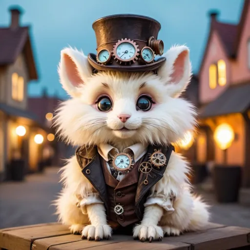 Prompt: very cute little furry creature with fur, as a steampunk in pastel colors in a cozy  village, evening lights