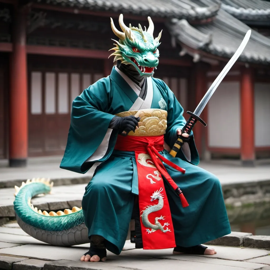 Prompt: Dragon in Hanfu with a katana