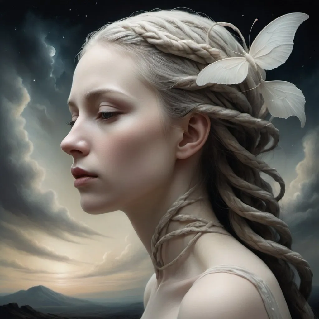 Prompt: woman profile,   by emil melmoth,  dark art, In this atmospheric painting, a porcelain-skinned woman stands in the middle of a dreamscape, her gaze pensively fixed on the distant horizon. The delicate, almost ethereal features of her face convey a sense of vulnerability, as if she is carrying a secret burden. The dreamy atmosphere suggests an inner world in which desires are intertwined with unfulfillable longings, fantasy background, realistic photo, cinematic, dramatic light, extreme sharpness, 8K