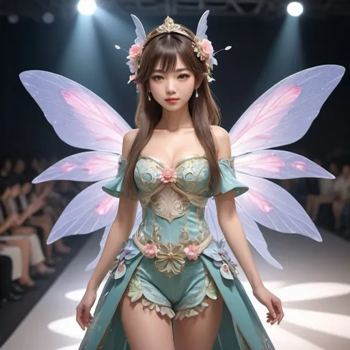 Prompt: 1 girl, a Japanese woman walking down a fashion show runway, A beautiful Japanese woman wears an original fairy-themed costume, best quality, extremely detailed CG unity 8k wallpaper, masterpiece, best quality, ultra-detailed, best shadow, detailed background, beautiful detailed face, beautiful detailed eyes, nice hands, perfect hands