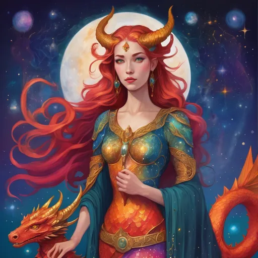 Prompt: A colourful and beautiful Persephone, she is a dragon woman, with scales for skin, horns and gold and gems for hair with a dragon tail, in a painted style. Standing with her is a Griffin. Framed by constellations and the moon