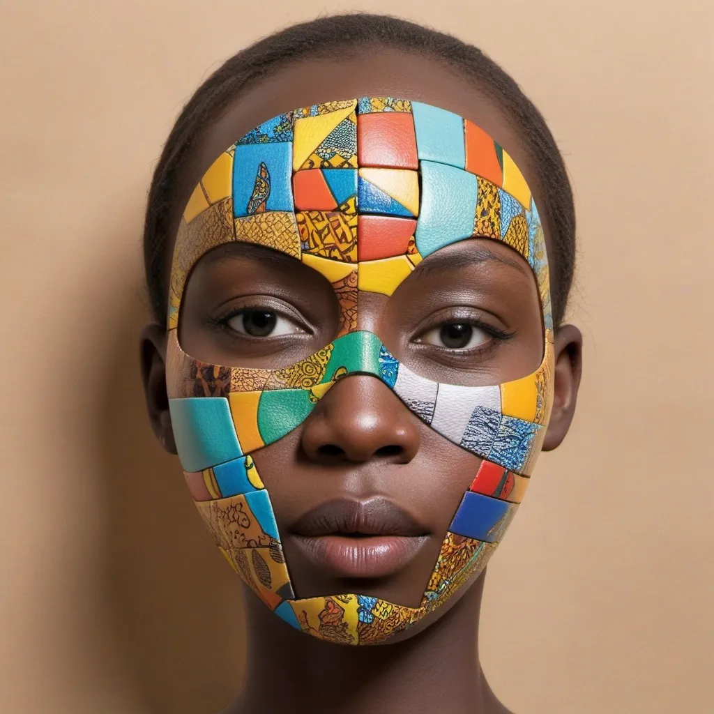 Prompt: half face mask puzzle, african dreams