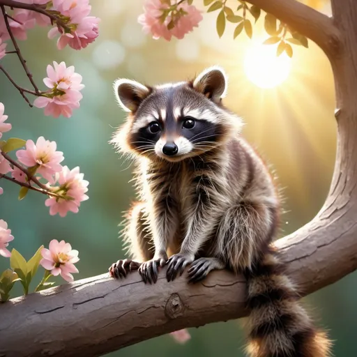 Prompt: A CUTE BABY RACOON sitting on a branch of a tree, with soft color flowers surrounding the tree, (Sun up above lightening up yard) extremely detailed, soft colors, 3d render, photo, wildlife photography, vibrant