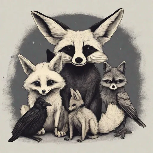 Prompt: fennec fox, raccoon and crow all sat together 